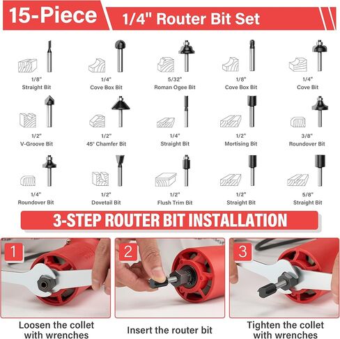 TEENO Wood Router, 6.5Amp 1.25HP Wood Routers for Woodworking, 800W Hand Wood Router Tool, 31000R/MIN Compact Edge Trimmer with 15 1/4" Router Bit Set in Kuwait