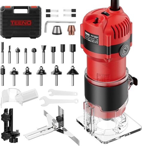 TEENO Router Tool, 6.5 Amp 1.25 HP Compact Wood Router Tool for Woodworking, 6 Variable Speeds, 1/4" Palm Hand Trimmer With 15-Pc Tungsten Carbide Router Bits, Edge & Roller Guides, Carrying Case in Kuwait