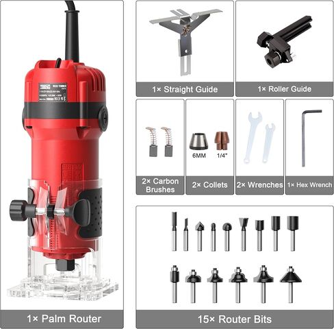 TEENO Wood Router, 6.5Amp 1.25HP Wood Routers for Woodworking, 800W Hand Wood Router Tool, 31000R/MIN Compact Edge Trimmer with 15 1/4" Router Bit Set in Kuwait