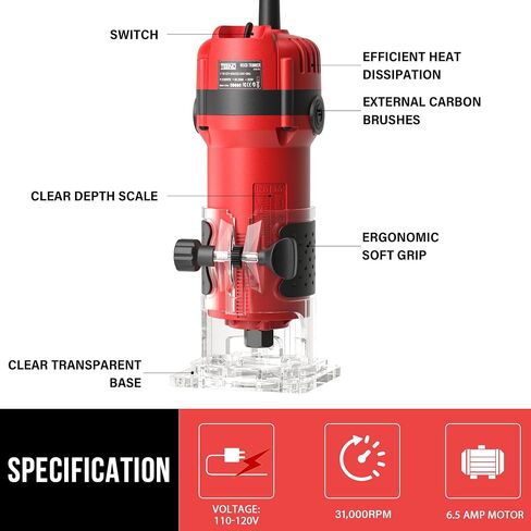 TEENO Wood Router, 6.5Amp 1.25HP Wood Routers for Woodworking, 800W Hand Wood Router Tool, 31000R/MIN Compact Edge Trimmer with 15 1/4" Router Bit Set in Kuwait