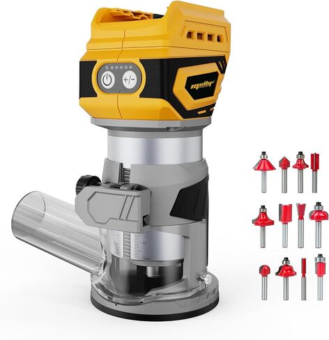 Cordless Brushless Wood Router Compatible with Dewalt 20V 60V Battery | Compact,5 Speed,28000RPM, 600W, Fixed Base, 12PCS 1/4" Router Bits for Woodworking, Edge Trimming, Grooving, Tool Only in Kuwait