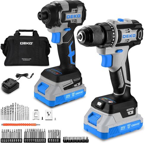 Cordless Drill & Impact Driver: DEKOPRO 20V Brushless Power Drill and 20V Brushless Impact Driver Set, Power Tool Set with 2x2.0Ah Batteries, Charger, Bag & 52xAccessories-Red in Kuwait