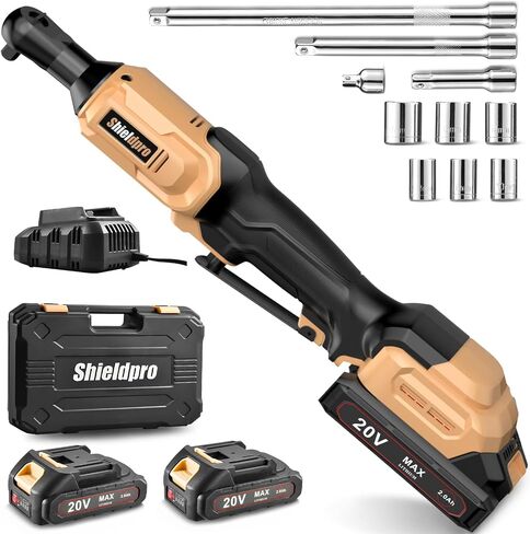 20V Electric Ratchet Wrench Set, 3/8" Cordless Ratchet Kit 400RPM, Torque Ratchets, LED Light, 2 Batteries, Fast Charger, Sockets, Adapters, Extension Bars (Yellow) in Kuwait