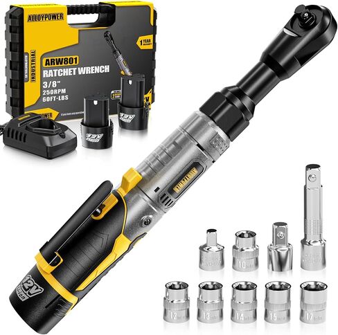 3/8" Cordless Ratchet Wrench, 60 FT-LBS(80N.M), 12V Extended | 5.5" extended Electric Ratchet,Alloy body,2 Batteries,6 sockets, 1/4" & 1/2" adapters, 3" extension bar, fast charger, LED in Kuwait