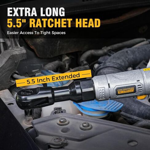 3/8" Cordless Ratchet Wrench, 60 FT-LBS(80N.M), 12V Extended | 5.5" extended Electric Ratchet,Alloy body,2 Batteries,6 sockets, 1/4" & 1/2" adapters, 3" extension bar, fast charger, LED in Kuwait