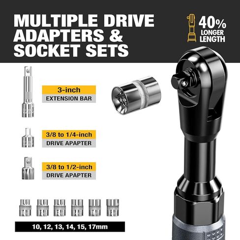 3/8" Cordless Ratchet Wrench, 60 FT-LBS(80N.M), 12V Extended | 5.5" extended Electric Ratchet,Alloy body,2 Batteries,6 sockets, 1/4" & 1/2" adapters, 3" extension bar, fast charger, LED in Kuwait