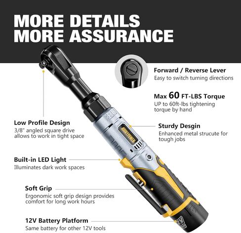 3/8" Cordless Ratchet Wrench, 60 FT-LBS(80N.M), 12V Extended | 5.5" extended Electric Ratchet,Alloy body,2 Batteries,6 sockets, 1/4" & 1/2" adapters, 3" extension bar, fast charger, LED in Kuwait