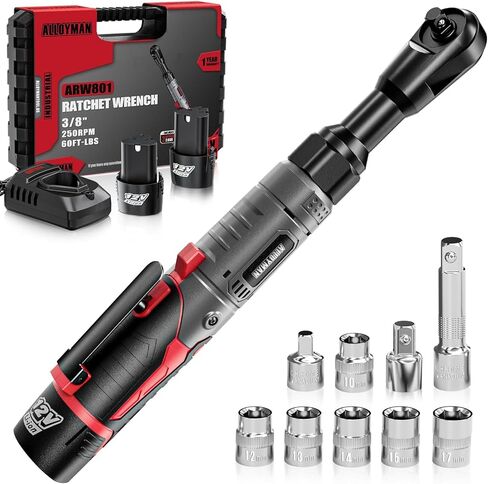 Alloyman 3/8" Cordless Ratchet Wrench, 60 FT-LBS(80N.M), 12V Extended Reach | 5.5" extended Electric Ratchet,Alloy body,2 Batteries,6 sockets, 1/4" & 1/2" adapters, 3" extension bar, fast charger, LED in Kuwait