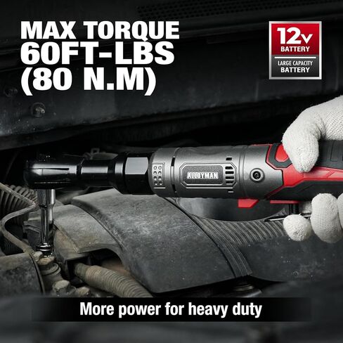 Alloyman 3/8" Cordless Ratchet Wrench, 60 FT-LBS(80N.M), 12V Extended Reach | 5.5" extended Electric Ratchet,Alloy body,2 Batteries,6 sockets, 1/4" & 1/2" adapters, 3" extension bar, fast charger, LED in Kuwait