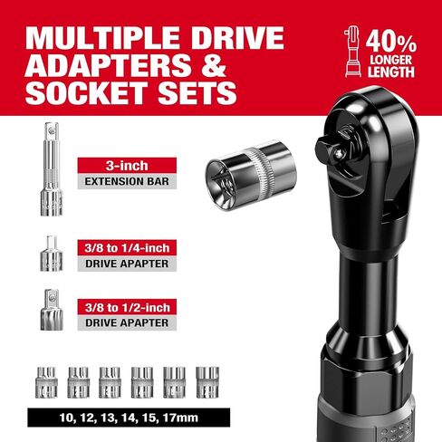 Alloyman 3/8" Cordless Ratchet Wrench, 60 FT-LBS(80N.M), 12V Extended Reach | 5.5" extended Electric Ratchet,Alloy body,2 Batteries,6 sockets, 1/4" & 1/2" adapters, 3" extension bar, fast charger, LED in Kuwait