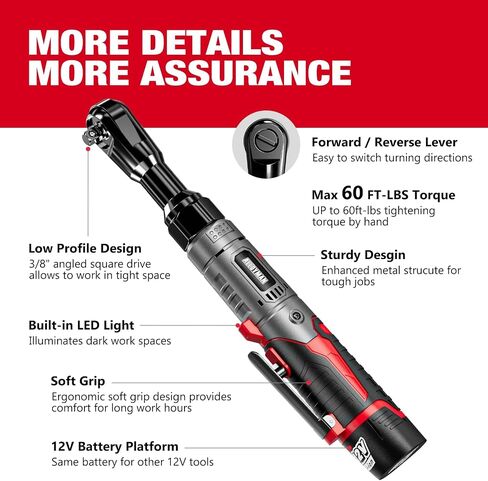Alloyman 3/8" Cordless Ratchet Wrench, 60 FT-LBS(80N.M), 12V Extended Reach | 5.5" extended Electric Ratchet,Alloy body,2 Batteries,6 sockets, 1/4" & 1/2" adapters, 3" extension bar, fast charger, LED in Kuwait