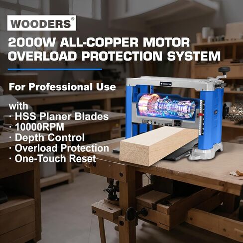 13-Inch Benchtop Thickness Planer, 15A Wood Planer with 4 HSS Blades, 2000W All Copper Motor, Overload Protection for Woodworking in Kuwait
