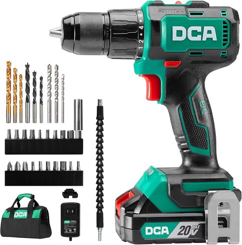 DCA 20V Brushless Hammer Drill Cordless, 492 in-lb Torque Impact Drill, 1/2" All-Metal Keyless Chuck,18+1+1, (0-450/0-1800RPM), 27000 IPM, Compact Design with 2.0Ah Battery & Charger,ADJZ2055i in Kuwait