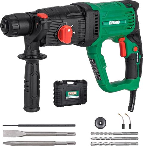 1" SDS-Plus Lightweight Rotary Hammer Drill for Concrete/Masonry | 9 Amp Corded Electric 7.2 Lbs 4 Functions & Reverse Variable Speed Safety Clutch Rotomartillo w/ 3 Drill Bits 2 Chisels Case in Kuwait