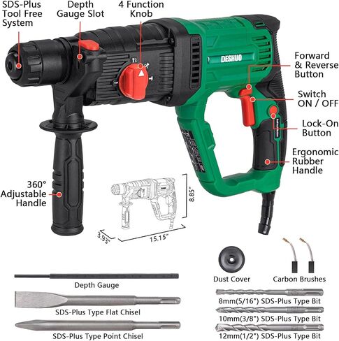 1" SDS-Plus Lightweight Rotary Hammer Drill for Concrete/Masonry | 9 Amp Corded Electric 7.2 Lbs 4 Functions & Reverse Variable Speed Safety Clutch Rotomartillo w/ 3 Drill Bits 2 Chisels Case in Kuwait