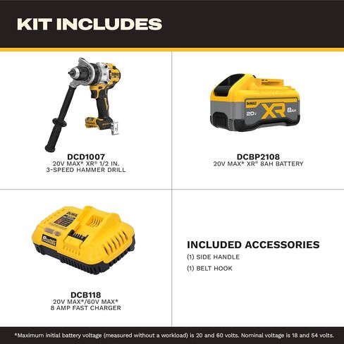 DEWALT 20V MAX XR 1/2 Inch Brushless Cordless Hammer Drill Kit with 8AH Battery and Charger, 3 Speed (DCD1007WW1) in Kuwait