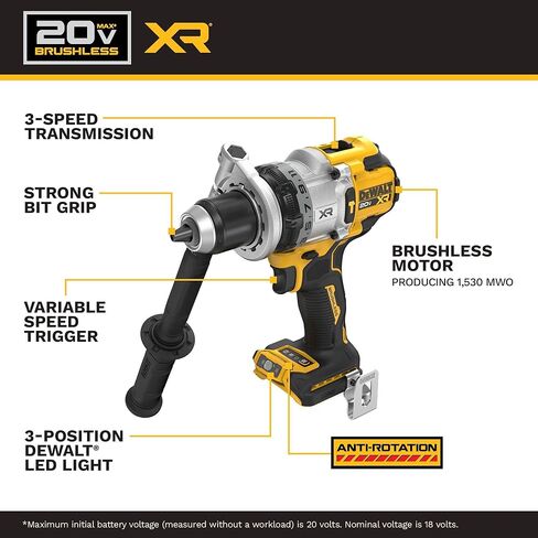DEWALT 20V MAX XR 1/2 Inch Brushless Cordless Hammer Drill Kit with 8AH Battery and Charger, 3 Speed (DCD1007WW1) in Kuwait