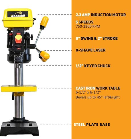 WOODSKIL 8-Inch Benchtop Drill Press, 2.3 Amp 5-Speed with Laser Guide | 1/3 HP Induction Motor, 1/2-Inch Keyed Chuck, 2-Inch Spindle Stroke and 45° Beveling Cast Iron Drill Press Table in Kuwait