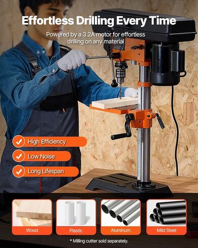 VEVOR Benchtop Drill Press, 3.2 Amp and 5-Speed Adjustable Drill Press with 10 in Swing, Cast Iron Frame, Worktable Tilts 0-45°, Ideal for Drilling Wood & Metal in Kuwait