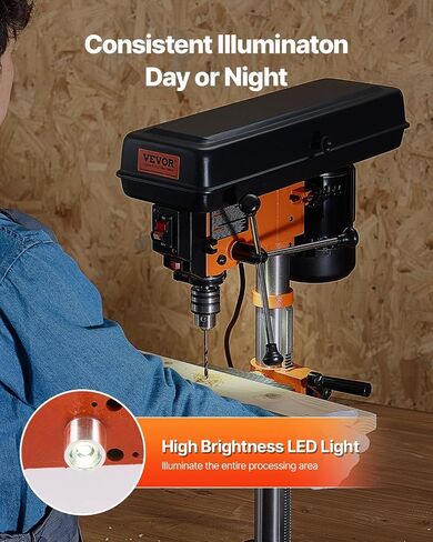 VEVOR Benchtop Drill Press, 3.2 Amp and 5-Speed Adjustable Drill Press with 10 in Swing, Cast Iron Frame, Worktable Tilts 0-45°, Ideal for Drilling Wood & Metal in Kuwait