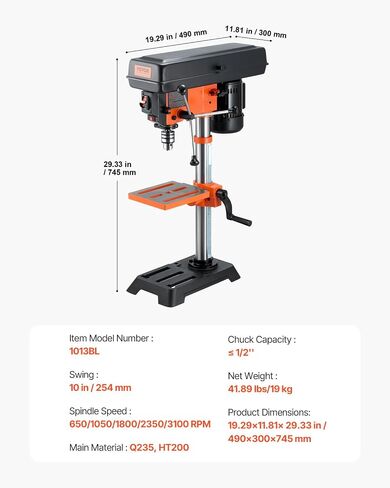VEVOR Benchtop Drill Press, 3.2 Amp and 5-Speed Adjustable Drill Press with 10 in Swing, Cast Iron Frame, Worktable Tilts 0-45°, Ideal for Drilling Wood & Metal in Kuwait