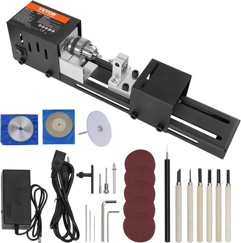 VEVOR Mini Lathe Machine, 2.76 in x 6.3 in, 24VDC 96W Mini Wood Lathe Tools Milling Machine Accessories, 7 Speeds 4220/5300/5650/6350/6660/7050/8450 RPM, for DIY Woodworking Wood Drill Rotary Tool in Kuwait
