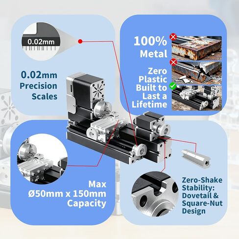 All-Metal Mini Lathe Machine, 20,000RPM 36W with 0.02mm Molded Scale – Small 310mm Desktop for Wood & Soft Metals (Copper, Aluminum) in DIY, Model Making, Crafts & Education in Kuwait