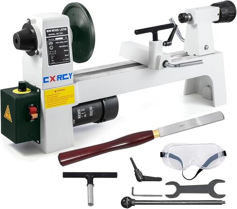 CXRCY Wood Lathe, 8" x 12" Mini Benchtop Wood Lathe Machine 1/3 HP Infinitely Variable Speed 750-3200 RPM with 2 Tool Rests, Lathe Chisel, Goggle for Woodworking, Woodturning in Kuwait