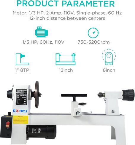 CXRCY Wood Lathe, 8" x 12" Mini Benchtop Wood Lathe Machine 1/3 HP Infinitely Variable Speed 750-3200 RPM with 2 Tool Rests, Lathe Chisel, Goggle for Woodworking, Woodturning in Kuwait