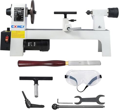 CXRCY Wood Lathe, 8" x 12" Mini Benchtop Wood Lathe Machine 1/3 HP Infinitely Variable Speed 750-3200 RPM with 2 Tool Rests, Lathe Chisel, Goggle for Woodworking, Woodturning in Kuwait