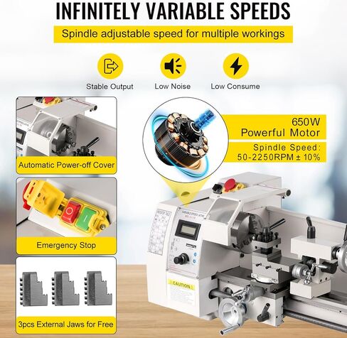 VEVOR Mini Metal Lathe, 8"x14", Mini Lathe Machine 2250 PRM Variable Speed Change, Precision Mini Lathe 650W Metal Working Lathe, Milling Machine for Various Types of Turning in Kuwait