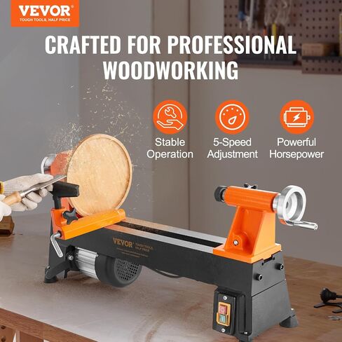 VEVOR Benchtop Wood Lathe, 10 in x 18 in, 0.5 HP 370W Power Wood Turning Lathe Machine, 5 Variable Speeds 780/1320/1920/2640/3840 RPM with Rod Injection Wrenches Faceplate Foot Pads, for Woodworking in Kuwait