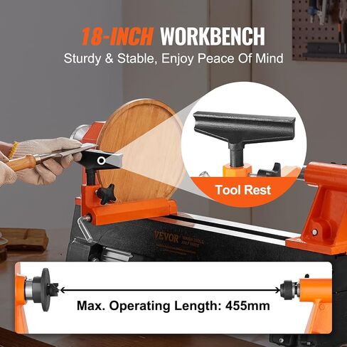 VEVOR Benchtop Wood Lathe, 10 in x 18 in, 0.5 HP 370W Power Wood Turning Lathe Machine, 5 Variable Speeds 780/1320/1920/2640/3840 RPM with Rod Injection Wrenches Faceplate Foot Pads, for Woodworking in Kuwait