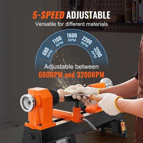VEVOR Benchtop Wood Lathe, 10 in x 18 in, 0.5 HP 370W Power Wood Turning Lathe Machine, 5 Variable Speeds 780/1320/1920/2640/3840 RPM with Rod Injection Wrenches Faceplate Foot Pads, for Woodworking in Kuwait