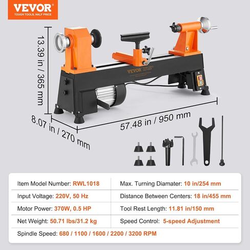VEVOR Benchtop Wood Lathe, 10 in x 18 in, 0.5 HP 370W Power Wood Turning Lathe Machine, 5 Variable Speeds 780/1320/1920/2640/3840 RPM with Rod Injection Wrenches Faceplate Foot Pads, for Woodworking in Kuwait