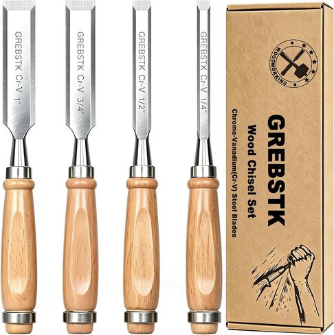 GREBSTK 4-Piece Ultra-Sharp Wood Chisel Set, CR-V Steel Beveled Blades with Guards, Comfortable & Durable Handle, for Carving, DIY & Woodworking (1/4", 1/2", 3/4", 1") in Saudi Arabia