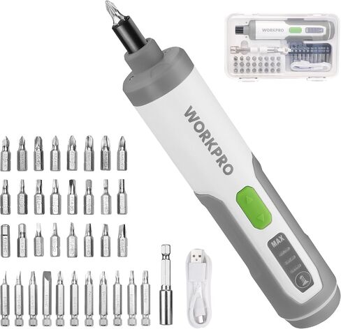 WORKPRO 4V Electric Screwdriver, Rechargeable Cordless Screwdriver Set with 35 Bits, Extension Rod, USB Charging Cable in Carrying Case, LED Light, White Gray in Kuwait