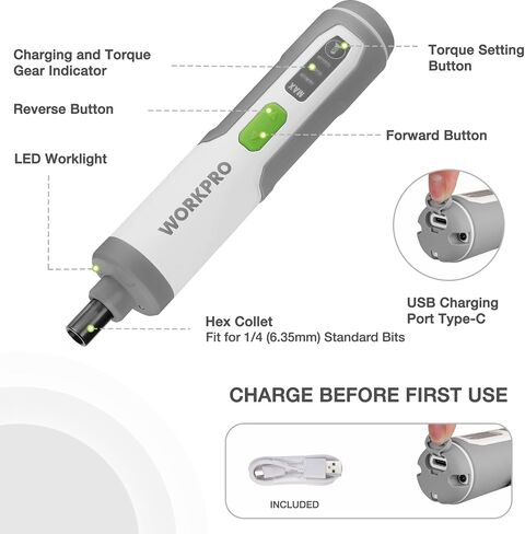WORKPRO 4V Electric Screwdriver, Rechargeable Cordless Screwdriver Set with 35 Bits, Extension Rod, USB Charging Cable in Carrying Case, LED Light, White Gray in Kuwait