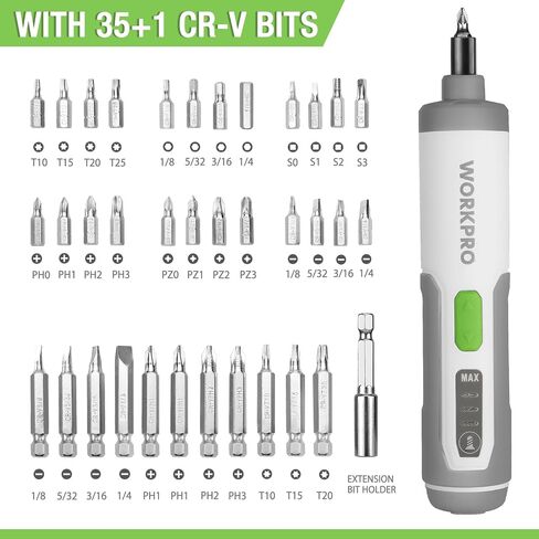 WORKPRO 4V Electric Screwdriver, Rechargeable Cordless Screwdriver Set with 35 Bits, Extension Rod, USB Charging Cable in Carrying Case, LED Light, White Gray in Kuwait