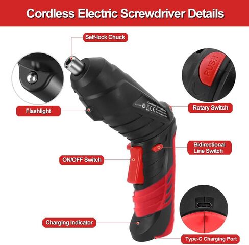 Cordless Power Screwdriver Electric Screwdriver Rechargeable Set, Battery Powered Screwdriver Kit Including 46pcs Bits, Pivoting Handle and LED Lights Small Drills Cordless (Red) in Kuwait