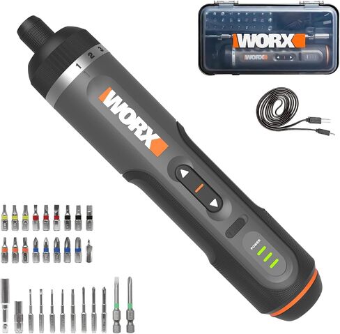 WORX WX242L 4V Lithium Screwdriver - 30-Piece Accessory Kit - Cordless Electric Driver - Rechargeable Battery - Black/Silver - Home DIY, Assembly, Furniture Installation, Repairs, Professional Use in Saudi Arabia