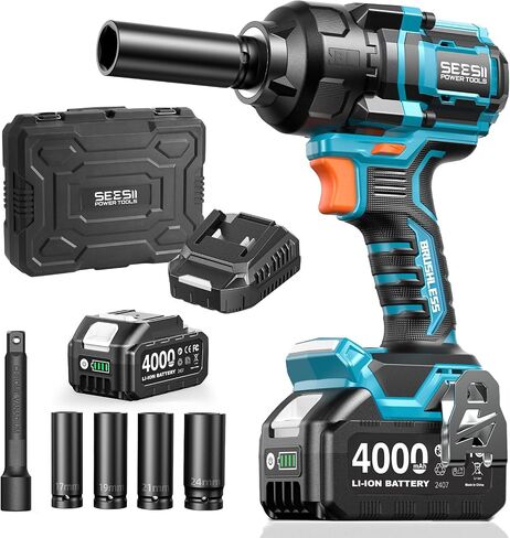 Seesii Impact Wrench 886 FT-LBS(1200N.m) 2900IPM 1/2 Impact Gun High Torque Electric Impact Driver Cordless Impact Wrench with 21V 2x4.0Ah Battery 5 Socket&Case for Home Car Tire Lug Nut Removal Tool in Kuwait