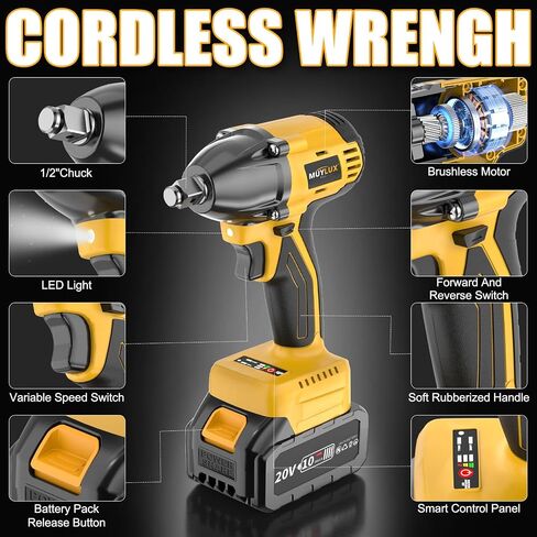 4.0Ah Battery Cordless Impact Wrench, Brushless 1/2 Impact Gun, 320Ft-lbs(430N.m) 20V High Torque Power Impact Driver, Electric Impact for Car Home in Kuwait