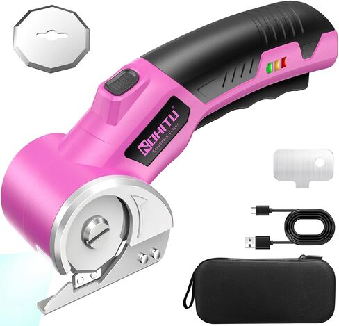 Cordless Electric Scissors: 4V Rechargeable Rotary Cardboard Cutter, 3000mAh Battery, with LED Light & Safety Lock, 2 Blades, Electric Box Cutter for Fabric Carpet Carton Plastic Leather Cloth(Pink) in Kuwait