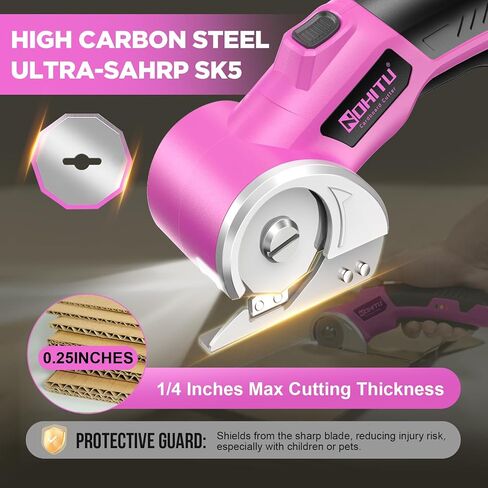 Cordless Electric Scissors: 4V Rechargeable Rotary Cardboard Cutter, 3000mAh Battery, with LED Light & Safety Lock, 2 Blades, Electric Box Cutter for Fabric Carpet Carton Plastic Leather Cloth(Pink) in Kuwait