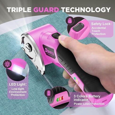 Cordless Electric Scissors: 4V Rechargeable Rotary Cardboard Cutter, 3000mAh Battery, with LED Light & Safety Lock, 2 Blades, Electric Box Cutter for Fabric Carpet Carton Plastic Leather Cloth(Pink) in Kuwait
