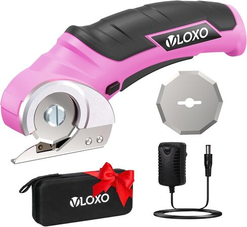 VLOXO Cordless Electric Scissors Electric Box Cutter for Thick Cardboard | Safety Lock, Replacement Blades and Adapter Charger for Cardboard, Leather, Fabric, Plastic Canvas Included Case(Pink) in Kuwait