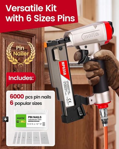 meite MP635B Pin Nailer with 6000 PCS Pin Nails (1/2", 5/8", 3/4", 1", 1-3/16", 1-3/8"), Pneumatic 23 Gauge Pin Nailer, Fits 1/2" to 1-3/8" 23 Gauge Pin Nails, Ideal for Paneling, Small Trim in Kuwait