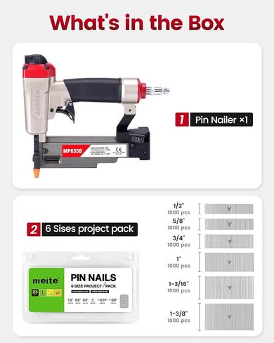 meite MP635B Pin Nailer with 6000 PCS Pin Nails (1/2", 5/8", 3/4", 1", 1-3/16", 1-3/8"), Pneumatic 23 Gauge Pin Nailer, Fits 1/2" to 1-3/8" 23 Gauge Pin Nails, Ideal for Paneling, Small Trim in Kuwait