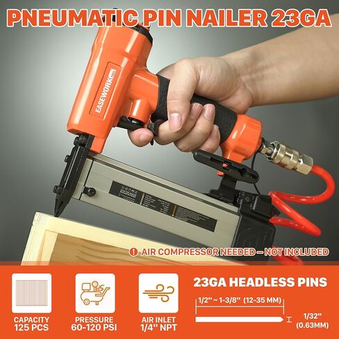 EASEWORK Pin Nailer 23 Gauge, Pneumatic Pin Nail Gun for 1/2" to 1-3/8" Pin Nails, Headless Micro Pinner Creates Invisible Holes, Extra Long Service Life, For Cabinet, Small Trim, Fine Molding, Crafts in Kuwait